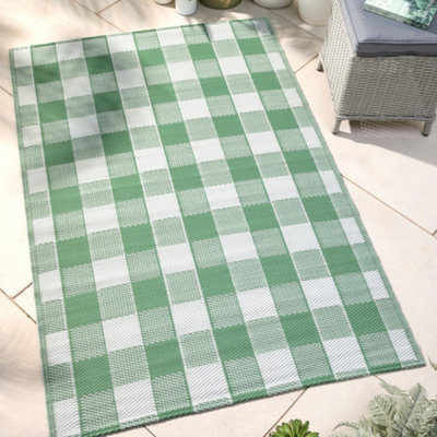 Gingham Classic Check Print UV Resistant Green Outdoor Rug