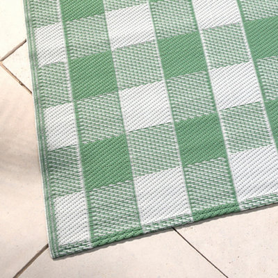 Gingham Classic Check Print UV Resistant Green Outdoor Rug