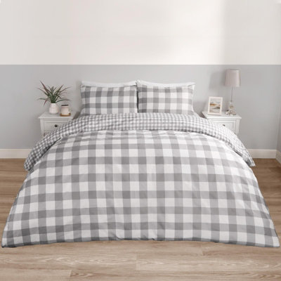 Gingham Duvet Cover Reversible Bedding Set, Grey - Single