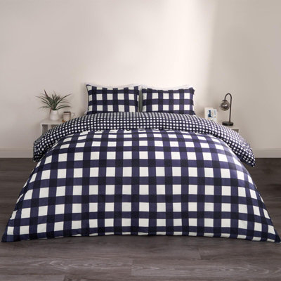 Gingham Duvet Cover Reversible Bedding Set, Navy - Double