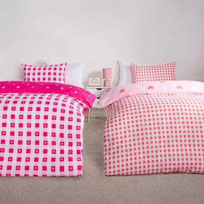 Gingham Duvet Cover Set Reversible Heart Quilt Bedding Junior Kids 2 Pack Single