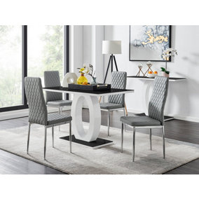Giovani Black White High Gloss Glass Dining Table and 4 Grey Milan Chairs Set