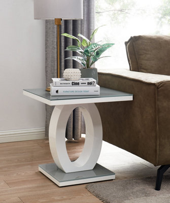 Giovani Modern Square White High Gloss and Grey Glass Top Side End Table Perfect for Living Rooms Hallways Bedrooms