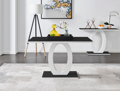 Giovani Rectangular 4 Seat White High Gloss Dining Table with Black Glass Top and Unique Halo Structural Plinth Base Design