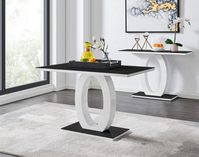 Giovani Rectangular 4 Seat White High Gloss Dining Table with Black Glass Top and Unique Halo Structural Plinth Base Design