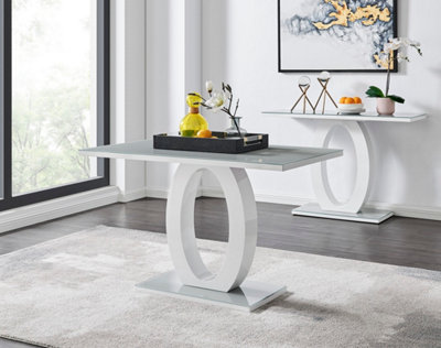 Giovani Rectangular 4 Seat White High Gloss Dining Table with Grey Glass Top and Unique Halo Structural Plinth Base Design