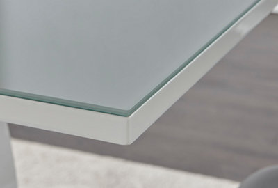 Giovani Rectangular 4 Seat White High Gloss Dining Table with Grey Glass Top and Unique Halo Structural Plinth Base Design