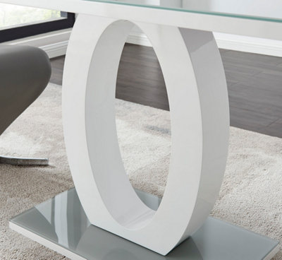 Giovani Rectangular 4 Seat White High Gloss Dining Table with Grey Glass Top and Unique Halo Structural Plinth Base Design