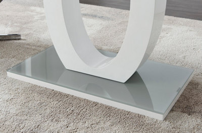 Giovani Rectangular 4 Seat White High Gloss Dining Table with Grey Glass Top and Unique Halo Structural Plinth Base Design