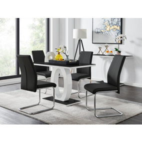 Giovani Rectangular 4 Seat White High Gloss Halo Structural Dining Table Black Glass Top 4 Black Faux Leather Lorenzo Chairs