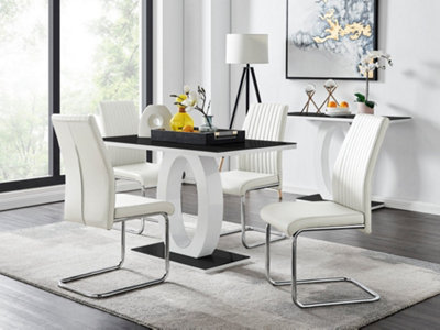 Giovani Rectangular 4 Seat White High Gloss Halo Structural Dining Table Black Glass Top 4 White Faux Leather Lorenzo Chairs