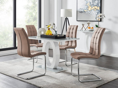 Giovani Rectangular 4 Seat White High Gloss Unique Halo Base Dining Table Grey Glass Top 4 Beige Faux Leather Murano Chairs