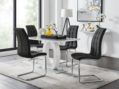 Giovani Rectangular 4 Seat White High Gloss Unique Halo Base Dining Table Grey Glass Top 4 Black Faux Leather Murano Chairs