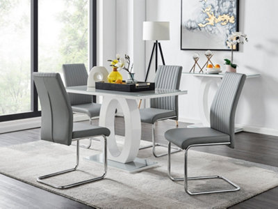 Giovani Rectangular 4 Seat White High Gloss Unique Halo Base Dining Table Grey Glass Top 4 Grey Faux Leather Lorenzo Chairs