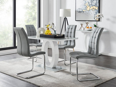 Giovani Rectangular 4 Seat White High Gloss Unique Halo Base Dining Table Grey Glass Top 4 Grey Faux Leather Murano Chairs