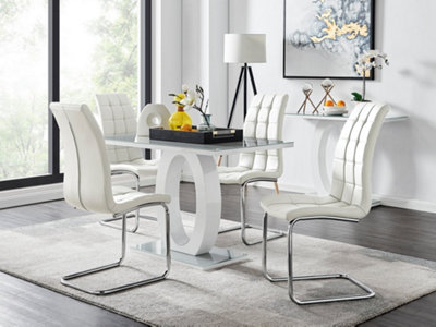 Giovani Rectangular 4 Seat White High Gloss Unique Halo Base Dining Table Grey Glass Top 4 White Faux Leather Murano Chairs