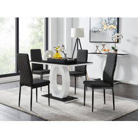 Giovani Rectangular 4 Seat White High Gloss Unique Halo Dining Table Black Glass Top 4 Black Faux Leather Black Leg Milan Chairs