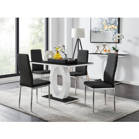 Giovani Rectangular 4 Seat White High Gloss Unique Halo Dining Table Black Glass Top 4 Black Faux Leather Silver Leg Milan Chairs