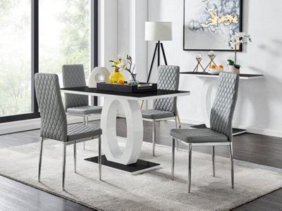 Giovani Rectangular 4 Seat White High Gloss Unique Halo Dining Table Black Glass Top 4 Grey Faux Leather Silver Leg Milan Chairs