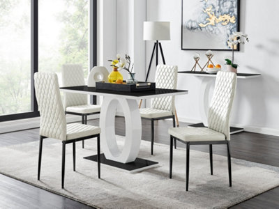 Giovani Rectangular 4 Seat White High Gloss Unique Halo Dining Table Black Glass Top 4 White Faux Leather Black Leg Milan Chairs