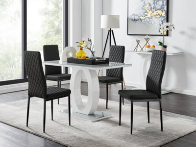 Giovani Rectangular 4 Seat White High Gloss Unique Halo Dining Table Grey Glass Top 4 Black Faux Leather Black Leg Milan Chairs