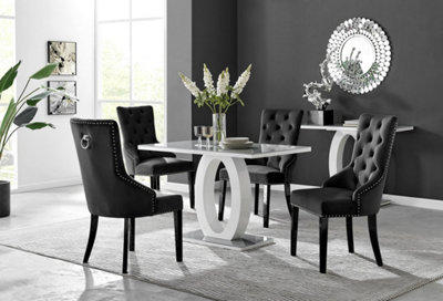 Giovani Rectangular 4 Seat White High Gloss Unique Halo Dining Table Grey Glass Top 4 Black Velvet Black Leg Belgravia Chairs