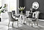 Giovani Rectangular 4 Seat White High Gloss Unique Halo Dining Table Grey Glass Top 4 Grey Velvet Silver Leg Belgravia Chairs
