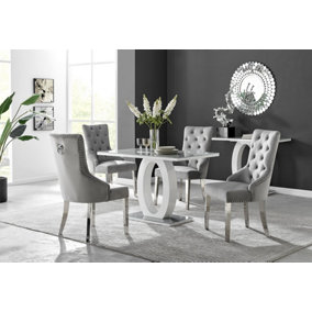 Giovani Rectangular 4 Seat White High Gloss Unique Halo Dining Table Grey Glass Top 4 Grey Velvet Silver Leg Belgravia Chairs