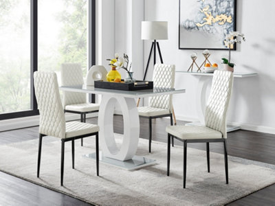 Giovani Rectangular 4 Seat White High Gloss Unique Halo Dining Table Grey Glass Top 4 White Faux Leather Black Leg Milan Chairs
