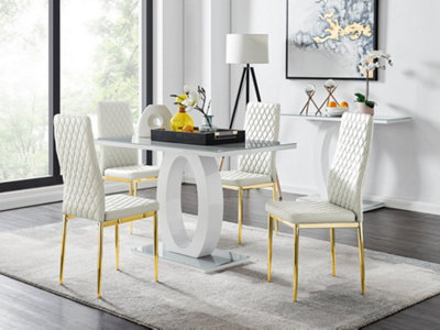 Giovani Rectangular 4 Seat White High Gloss Unique Halo Dining Table Grey Glass Top 4 White Faux Leather Gold Leg Milan Chairs