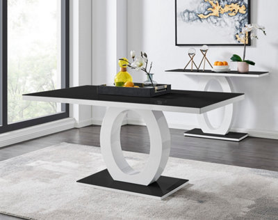 Giovani Rectangular 6 Seat White High Gloss Dining Table with Black Glass Top and Unique Halo Structural Plinth Base Design