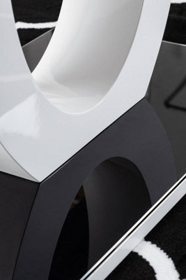 Giovani Rectangular 6 Seat White High Gloss Dining Table with Black Glass Top and Unique Halo Structural Plinth Base Design