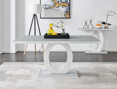 Giovani Rectangular 6 Seat White High Gloss Dining Table with Grey Glass Top and Unique Halo Structural Plinth Base Design