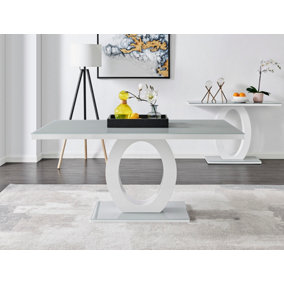 Giovani Rectangular 6 Seat White High Gloss Dining Table with Grey Glass Top and Unique Halo Structural Plinth Base Design