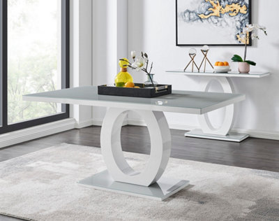 Giovani Rectangular 6 Seat White High Gloss Dining Table with Grey Glass Top and Unique Halo Structural Plinth Base Design