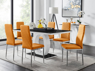 Giovani Rectangular 6 Seat White High Gloss Halo Dining Table Black Glass Top 6 Mustard Faux Leather Silver Leg Milan Chairs
