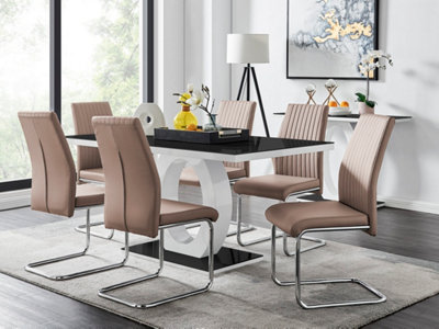 Giovani Rectangular 6 Seat White High Gloss Halo Structural Dining Table Black Glass Top 6 Beige Faux Leather Lorenzo Chairs