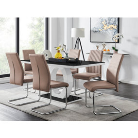 Giovani Rectangular 6 Seat White High Gloss Halo Structural Dining Table Black Glass Top 6 Beige Faux Leather Lorenzo Chairs