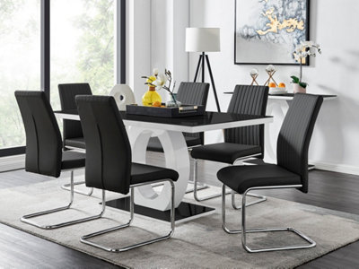 Giovani Rectangular 6 Seat White High Gloss Halo Structural Dining Table Black Glass Top 6 Black Faux Leather Lorenzo Chairs