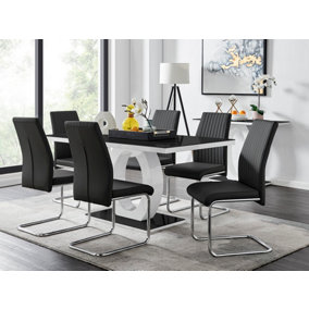 Giovani Rectangular 6 Seat White High Gloss Halo Structural Dining Table Black Glass Top 6 Black Faux Leather Lorenzo Chairs