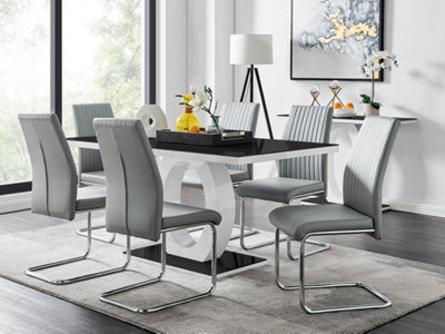 Giovani Rectangular 6 Seat White High Gloss Halo Structural Dining Table Black Glass Top 6 Grey Faux Leather Lorenzo Chairs