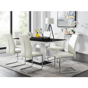 Giovani Rectangular 6 Seat White High Gloss Halo Structural Dining Table Black Glass Top 6 White Faux Leather Lorenzo Chairs