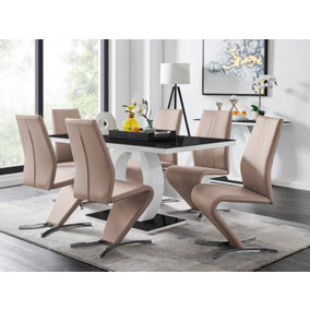 Giovani Rectangular 6 Seat White High Gloss Halo Structural Dining Table Black Glass Top and 6 Beige Faux Leather Willow Chairs