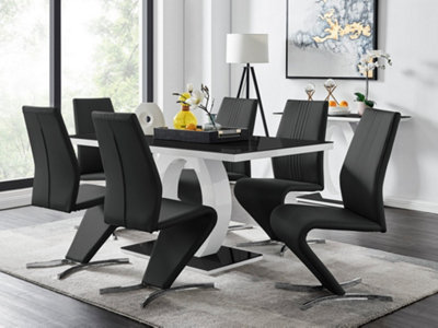Giovani Rectangular 6 Seat White High Gloss Halo Structural Dining Table Black Glass Top and 6 Black Faux Leather Willow Chairs