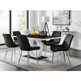 Giovani Rectangular 6 Seat White High Gloss Unique Halo Base Dining Table Black Glass Top 6 Black Velvet Silver Leg Pesaro Chairs