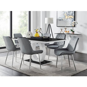 Giovani Rectangular 6 Seat White High Gloss Unique Halo Base Dining Table Black Glass Top 6 Grey Velvet Silver Leg Pesaro Chairs