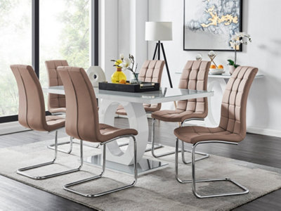 Giovani Rectangular 6 Seat White High Gloss Unique Halo Base Dining Table Grey Glass Top 6 Beige Faux Leather Murano Chairs