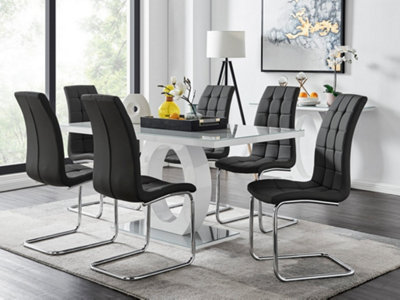 Giovani Rectangular 6 Seat White High Gloss Unique Halo Base Dining Table Grey Glass Top 6 Black Faux Leather Murano Chairs