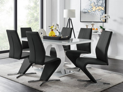 Giovani Rectangular 6 Seat White High Gloss Unique Halo Base Dining Table Grey Glass Top 6 Black Faux Leather Willow Chairs