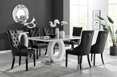 Giovani Rectangular 6 Seat White High Gloss Unique Halo Base Dining Table Grey Glass Top 6 Black Velvet Black Leg Belgravia Chairs